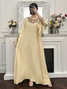 Yasmyna Đầm dài tay thanh lịch kiểu Ả Rập dành cho nữ, thiết kế đan chéo đính kết. - Màu Khaki - Xem 3