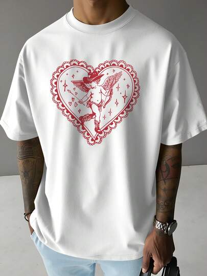Manfinity EMRG Men's Casual Heart Print Round Neck Short Sleeve T-Shirt