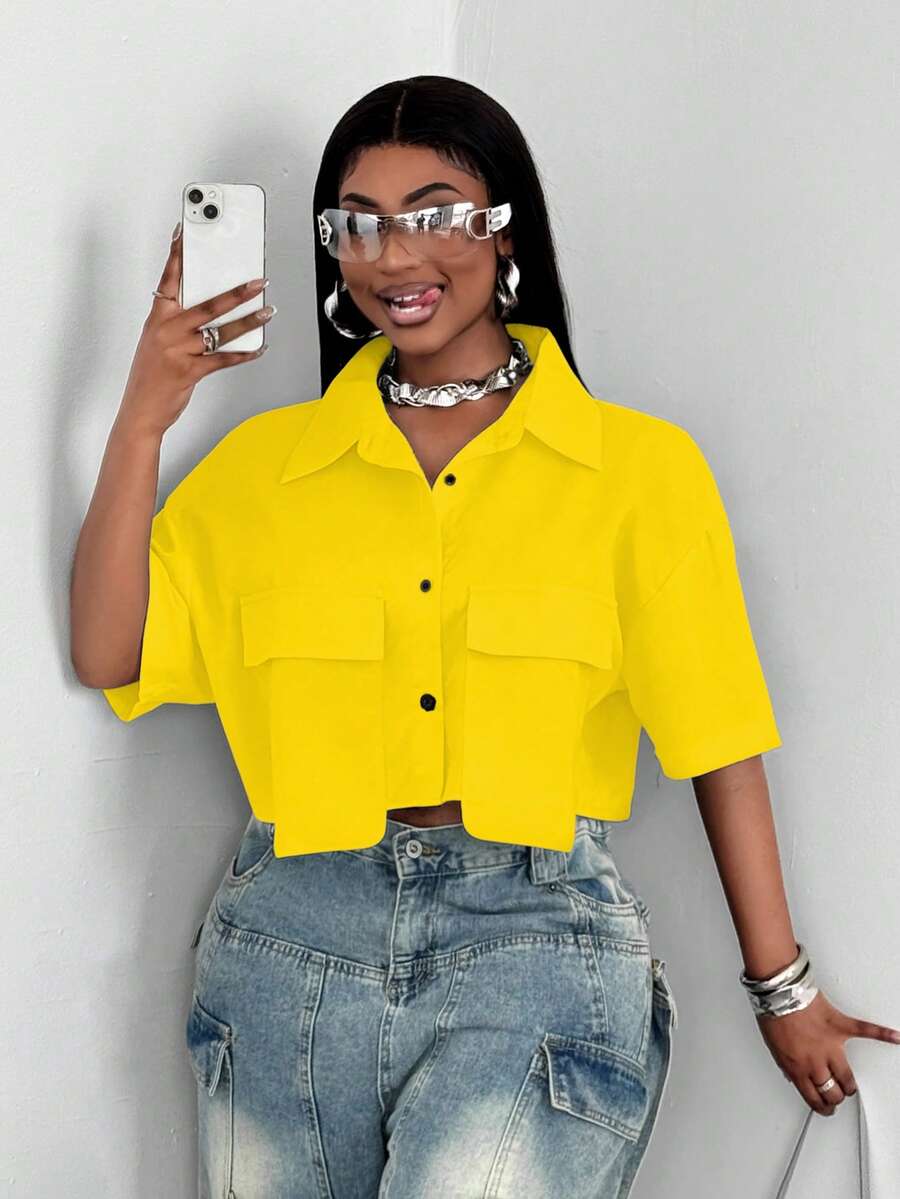 Maweii Kemeja Pendek Wanita Ukuran Besar Warna Polos dengan Kantong Depan - Kuning - View 1