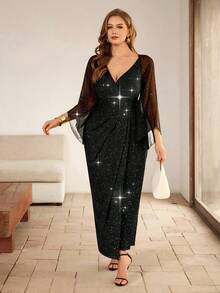 Flirla Stunning Plus Size Black Sparkle Long Dress With Three Quarter Split Sleeves Wrap Detail And V Neck For Parties - Black - View 1