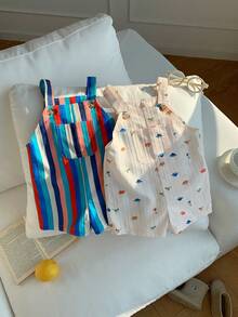 SHEIN 2pcs/Set Newborn Baby Unisex Casual Cute Striped Strap Romper 2-Piece Outfit, Summer - Multicolor - View 5