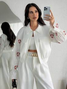 SHEIN Women's Casual Hollow Out Embroidered Drop Shoulder Long Sleeve Jacket With Pockets, Spring/Autumn - Beige - View 2