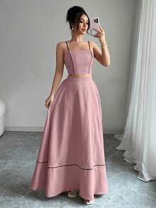 Elenzga 女士优雅吊带上衣和A字型长裙两件套，时尚/度假休闲 - 藕粉色 - 查看 3