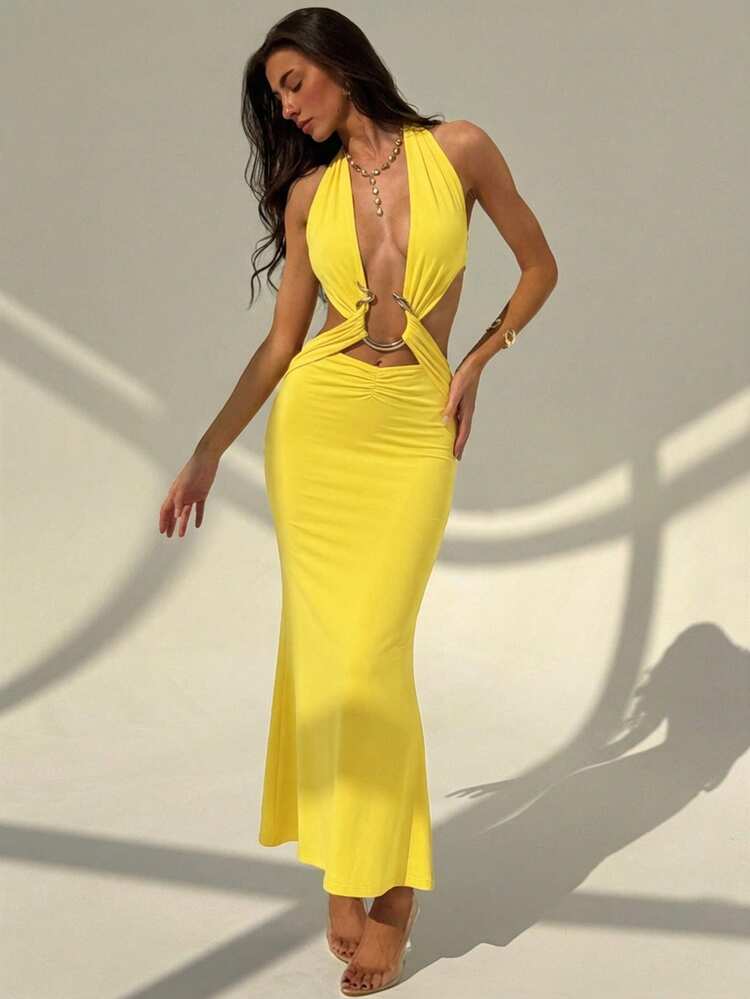 Aloruh Đầm trơn màu thanh lịch với chi tiết vòng tròn, thích hợp mặc thường ngày và dự tiệc. - Màu vàng - Xem 3