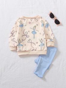 SHEIN Playful Pals 2pcs/Set Baby Girl Infant Casual Cute Everyday Versatile Ballet Girl Bow Pattern Knit Soft Baby Fabric Crew Neck Long Sleeve Sweatshirt Tee And Skinny Pants Purple Pants Set, Autumn/Winter Outfit - Blue - View 2