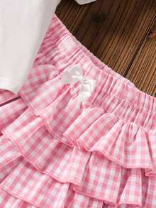 SHEIN LMoss Kids 两件套女童樱桃印花针织上衣和格子半裙套装 - 淺粉色 - 查看 6