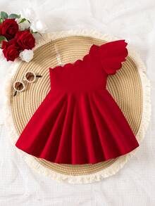 SHEIN Baby Girl Solid Color Ruffle Trim Asymmetric Shoulder Ruffle Sleeve Dress - Red - View 1