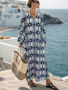 Breezaya 棉质印花复古宽松连衣裙，波西米亚风格假日连衣裙 - 藍色 - 查看 7