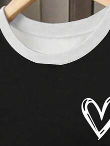 2件套少女休闲黑白爱心印花撞色领短袖上衣和短裤套装，适合春、夏、秋季户外、街头穿着，爱心设计，黑白撞色，舒适日常穿着，经典款 - 黑色 - 查看 5