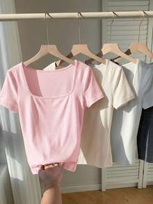 Comfortcana 4pcs/Set Plus Size Summer Square Neck Fitted T-Shirts Summer Tops Women Square Neck Tops Simple Tops - Multicolor - View 1