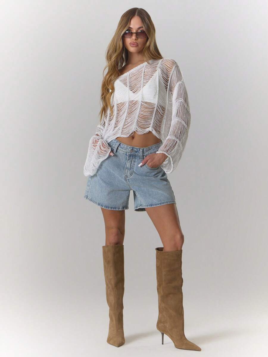 MUSERA 斜领破洞流苏串珠长袖上衣，西部乡村街头风，适合节日、优雅、Y2K、性感、可爱、90年代波西米亚风、中西部风、冬季、圣诞节、工作、办公室等各种场合。 - 白色 - 查看 1