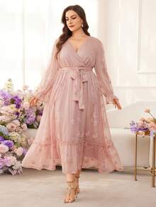 Modelyn Plus Size Women Floral Embroidery Crossover Neck Long Sleeve Waist Cinched Elegant French Style Dress - Pink - View 6