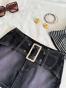 Elamini Women's Casual Belted Mini Denim Skirt, Summer - Purple - View 3