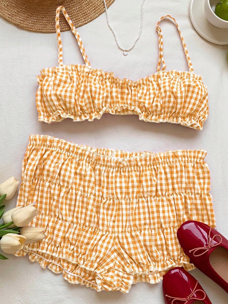 Comfortcana Bộ đồ nữ mùa hè, kiểu dáng thường ngày, họa tiết kẻ caro: áo hai dây và quần short. - Màu vàng - Xem 1