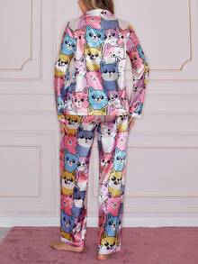 情人节可爱卡通猫图案翻领开衫女士睡衣套装 - 彩色 - 查看 2