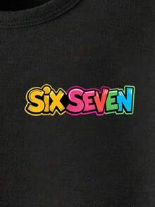 SHEIN Explorewe 男童休闲时尚创意个性清新简约酷炫数字67卡通人物音乐符号图案字母标语印花基础款短袖T恤，舒适日常穿着，适合春、夏、秋季穿着。 - 黑色 - 查看 6