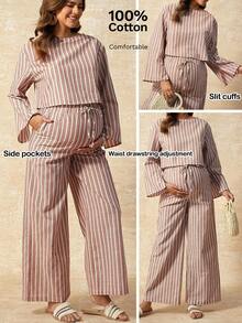Boho Mama Maternity Two-Piece Cotton Set Colorful Striped Pullover Shirt With Slit Cuffs,Adjustable Elastic Waist Trousers,White,Autumn,Boho,Holiday Vacation - Multicolor - View 9