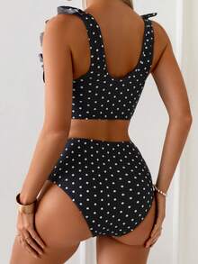 Swim Basics 两件套女士夏季沙滩优雅简约黑白波点荷叶边吊带褶皱上衣和高腰褶皱三角泳裤泳装套装，高腰比基尼套装，波点泳衣，高腰泳装套装，波点比基尼泳装两件套 - 黑與白 - 查看 2