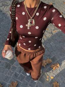 Muchica 休闲黄色波点针织女式圆领长袖T恤 - 棕色 - 查看 4