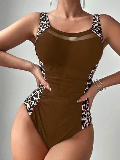 SHEIN Swim Springbreak Women One-Piece Solid Color Mesh Patchwork Ruffle Trim Leopard Print Swimsuit, Fashionable & Elegant For Vacation