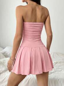 SHEIN EZwear Dusty Pink Strapless Pleated Mini Dress Casual Knitted Fabric A Line Sleeveless For Women Strapless Dress Summer Tube Top Dress ,Summer Dress - Dusty Pink - View 2