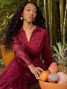 NYA SZN Jumpsuit Long Sleeve Collar Plunge Neck Loose Straight Leg Cargo Pocket Red Sequin Tie Detail Festive Holiday Christmas NYE New Years Eve Easter Valentine's Day Winter Spring Summer Event Party Date Occasion Luxury Outfits For Women - Burgundy - View 6