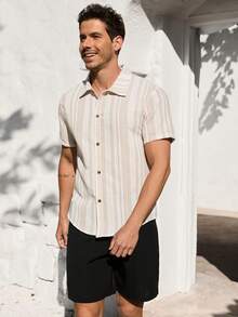 VIVINTIMO Men's Summer Striped Short Sleeve Button-Down Casual Shirt - Khaki - View 6