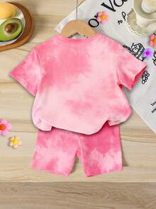 2pcs/Set Baby Girl Casual Fashionable K-POP Cartoon Girl Pentagram Tie-Dye Tie Dye Short Sleeve Knit T-Shirt And Matching Tie-Dye Shorts Set, Comfortable For Daily And Holiday Wear - Multicolor - View 3