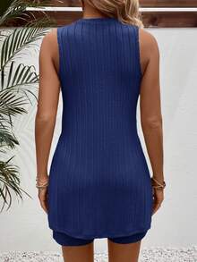 SHEIN 2pcs Maternity Solid Color Round Neck Ribbed Side Slit Camisole And Adjustable Waist Shorts Casual Set - Navy Blue - View 2