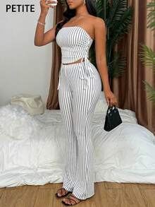 SHEIN PETITE 女士性感修身无袖条纹短款上衣 + 高腰瘦身裤套装 - 彩色 - 查看 1