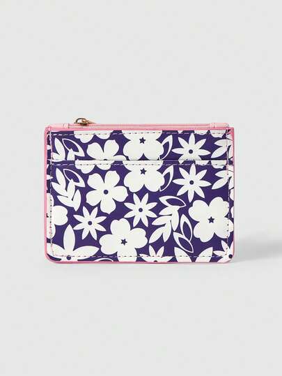 ROMWE Kawaii Exquisite Card Bag With Purple Background And White Flowers