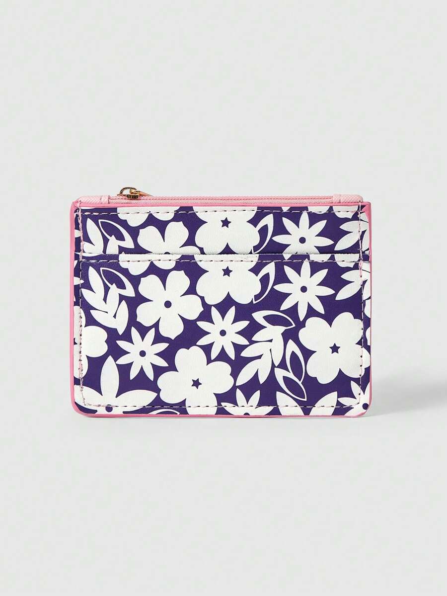 ROMWE Kawaii 精致的卡片袋，紫色背景，白色花朵图案 - 紫色 - 查看 1