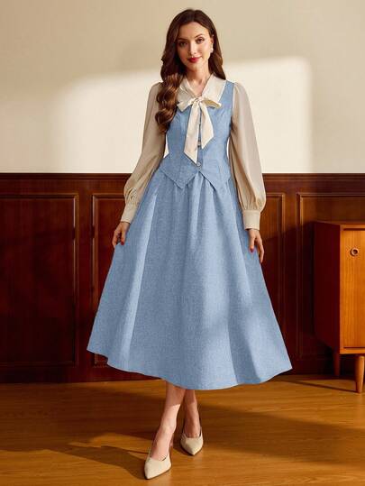 Vintamour Vintage Classic Elegant College Style Women 2 Pieces Set, Autumn/Winter Ribbon Collar 2 Pieces Long Sleeve 2 Pieces Set, Coffee Color 2 Pieces Set