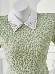 Diamond Collar, Jacquard Textured Woven Fabric, French Style A-Line Maxi Skirt, Elegant High Waist Snug Fit, Fashionable & Graceful For Teenage Girls In Summer - Green - View 4