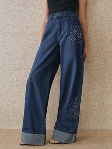 Anewsta Women's Romantic Glitter Straight Leg Jeans, Suitable For Valentine's Day Party And Vacation, Blue - Blue - View 6