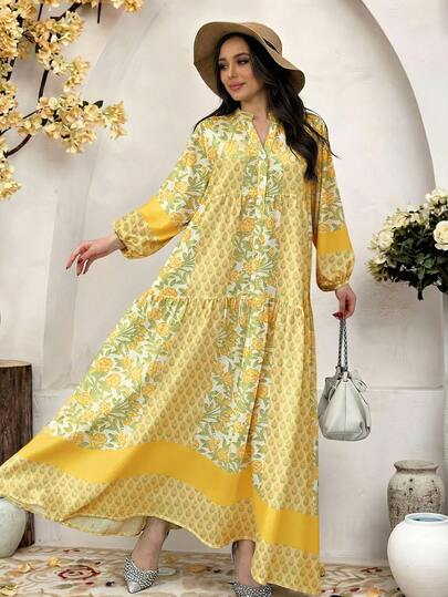 SHEIN Najma Damklänning med blommigt och växtmönster, färgblock, v-ringning, långärmad och löst veckad passform, vår/sommar