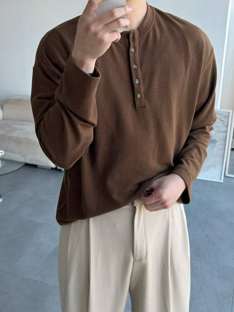 Men's Solid Brown Half-Zip T-Shirt, Spring