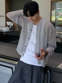 DAZY Áo khoác cardigan dệt kim dáng rộng, màu trơn, dành cho nam, thích hợp cho mùa xuân/hè. - Xám - Xem 4