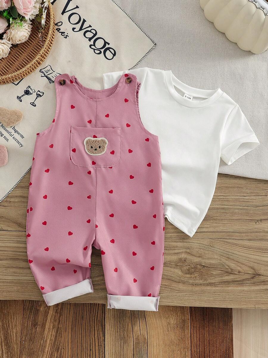 SHEIN Baby Girls Casual Comfortable T-Shirt Top And Cute Bear Heart Print Bib Pants Set, Spring/Summer - Pink - View 1