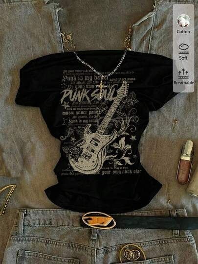 Attitoon Y2K 女款黑色露肩短袖T恤，饰有吉他图案，西部音乐节风格，褶皱腰身修身剪裁，适合春夏穿着，可用于上学、街头、Grunge、朋克、嘻哈、演唱会、派对等场合，也可全年叠穿。复古十字印花哥特风，适合Z世代的夜店穿搭。
