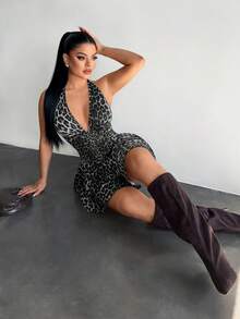 SHEIN SXY 豹纹露背吊带荷叶边连衣裙 - 灰色 - 查看 3