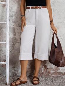 EMERY ROSE 女士口袋宽松休闲百搭阔腿七分牛仔裤 - 白色 - 查看 1