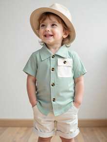SHEIN Playful Pals Kemeja Lengan Pendek Musim Panas untuk Bayi Laki-laki - Hijau - View 5