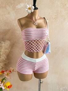 Soleia 2pcs Women Striped Knit Casual Hollow-Out Fashion Tube Top & Sweater Set - Pink - View 3