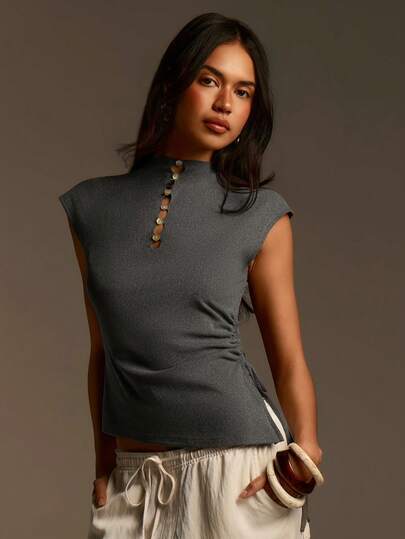 Athîral Women's Casual Hollow-Out Button Decor Blouse, Grey Tops For Women, Cap Sleeve Tops For Women, Classy Tops For Women,Casual Women Outfits,Summer Vacation Outfits,Resort Wear Women,Holiday Outfits For Women,Spring Clothing,Spring Break Outfits,Beach Outfit,Carnival Clothes