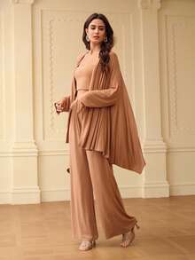 ZEYLAH Women's Batwing Asymmetric Hem Poncho And Wide Leg Pants Loose Comfortable 2 Pieces Set - Yellow - View 4