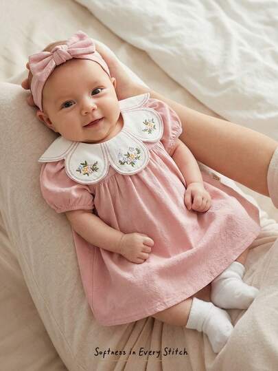 Cozy Pixies Newborn Baby Girl Floral Print Peter Pan Collar Short Sleeve Cinching Waist Dress, Versatile & Comfortable Collared Baby Girl Dress Baby Girl Smocked Dress Baby Girl Dress Baby Girl Dusty Roses Dress Daisy Dress Baby Cotton Clothes