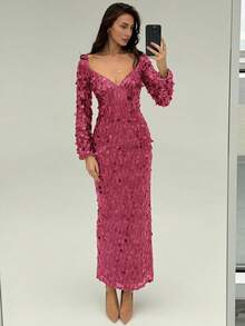 Aloruh Vestido largo de fiesta con cuello en forma de corazón y lentejuelas, para Navidad y Halloween - Burdeos - Ver 2