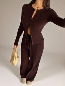 SHEIN Tall Ribbed Cardigan And Wide Leg Pants Co Ord Set For Women Casual Lounge Wear Autumn Winter Outfit Two Piece Pant Set Tall Two Piece Set Brown Two Piece Set Long Sleeve Two Piece Set Baithingsuit Brown Pant Set - Chocolate Brown - View 5