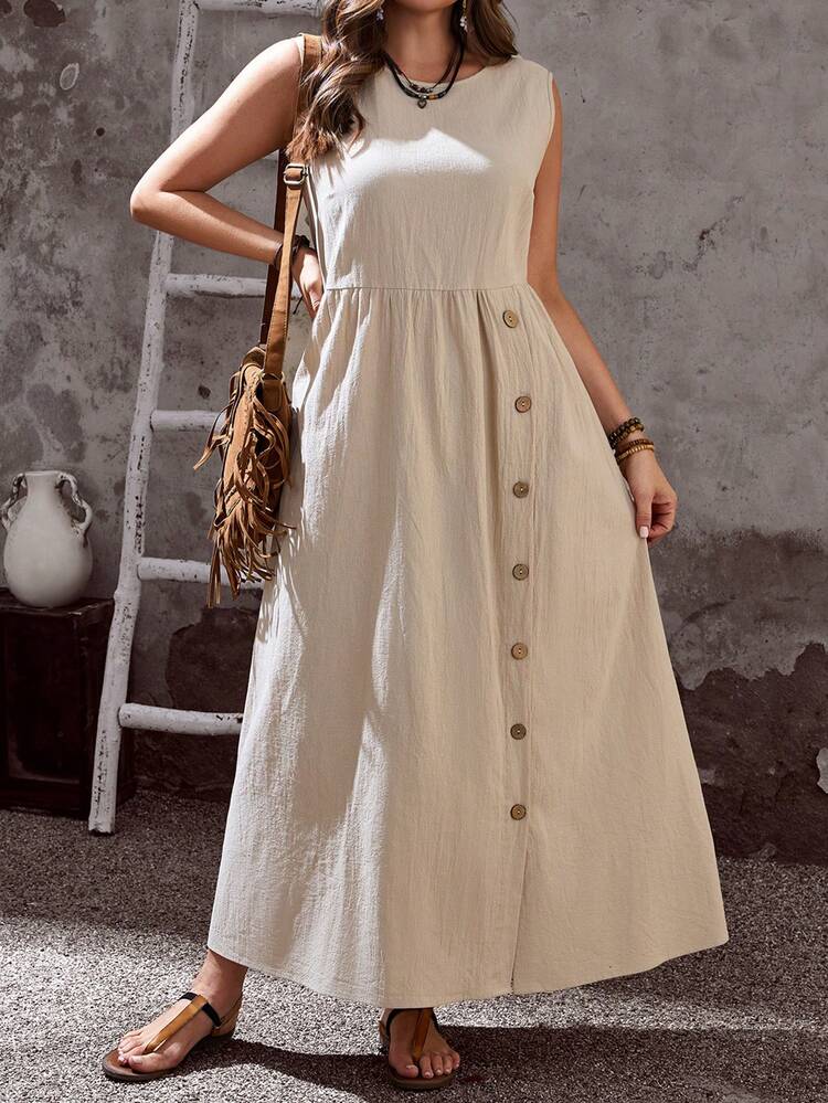 Plus Size Women's Summer Casual Vacation Country  Round Neck Sleeveless Solid Color Linen Long Dress With Button Slit , Summer Holiday,Spring Break Outfits ,Vacation Outfits Women ,Holiday Outfits For Women,Spring Dress Women,Going Out Outfits,2026 New Clothes,Simple And Fashionable For Everyday Wear,Casual Vacation Boho Dress,Dresses For Women,Flowy Dress,Holiday Outfits Boho Casual Long Dress
